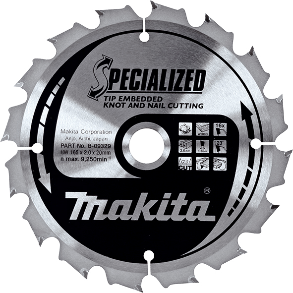Пильний диск Makita по деревині із цвяхами SPECIALIZED 165х20 мм 16 зубів (B-09329)