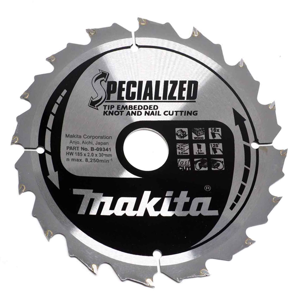 Пильний диск Makita по деревині із цвяхами SPECIALIZED 185х30 мм 16 зубів (B-09341)