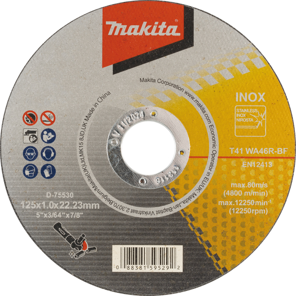 Тонкий відрізний диск для нержавіючої сталі 125х1х22,23мм 46R, плаский Makita 125 мм (D-75530)