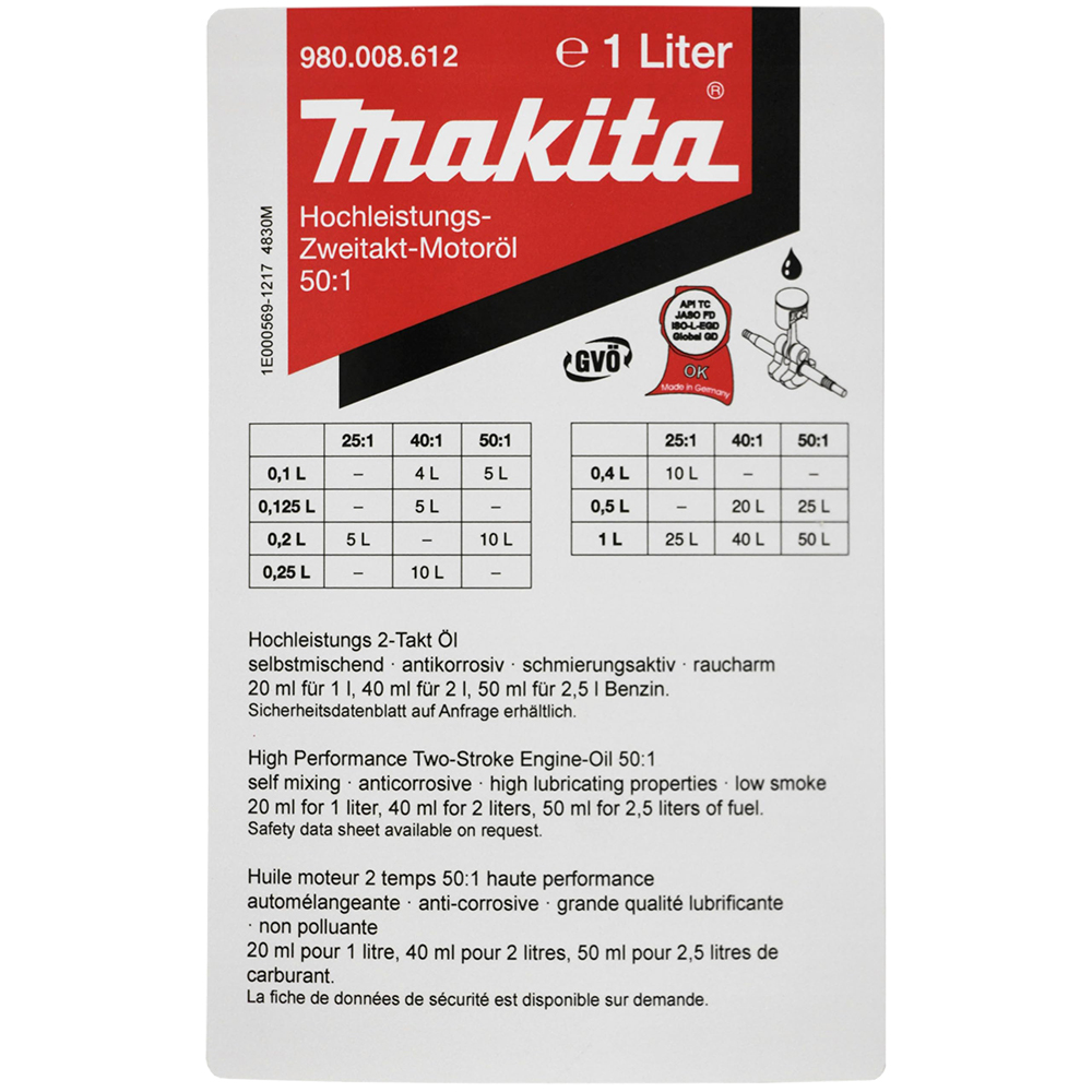 Олива для 2-тактного двигуна 1 л з дозатором Makita 980008612 Олива для 2-тактного двигуна 1 л з дозатором Makita 980008612