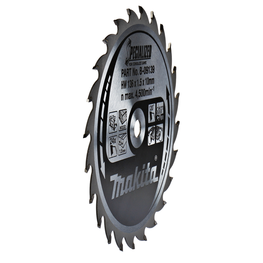 Пиляльний диск Makita для акумуляторних пил SPECIALIZED: дерево 136х10 мм 24Т (B-09139) Пиляльний диск Makita для акумуляторних пил SPECIALIZED: дерево 136х10 мм 24Т (B-09139)