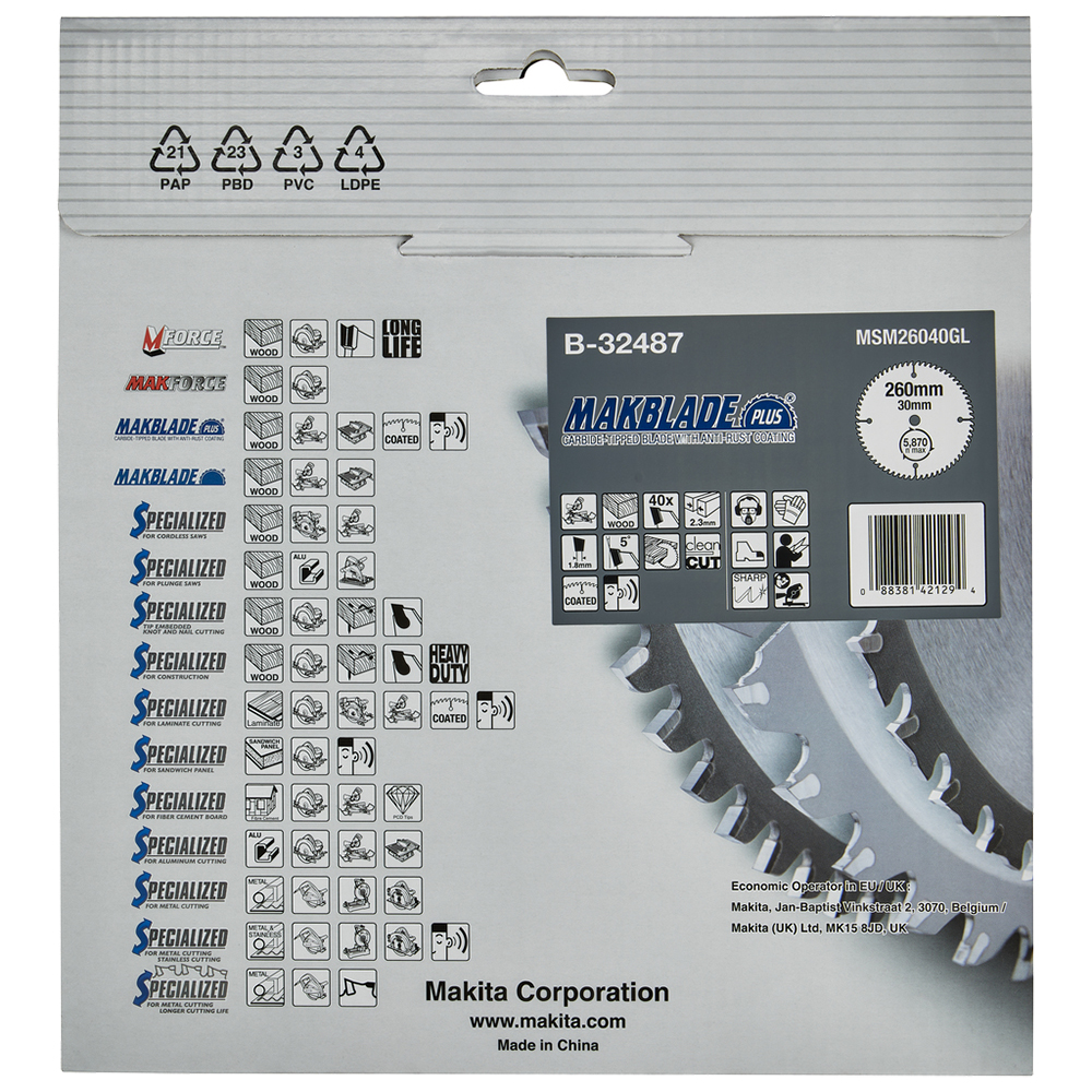 Пиляльний диск по деревині MAKBlade PLUS 260x30 мм 40T Makita (B-32487) Пиляльний диск по деревині MAKBlade PLUS 260x30 мм 40T Makita (B-32487)
