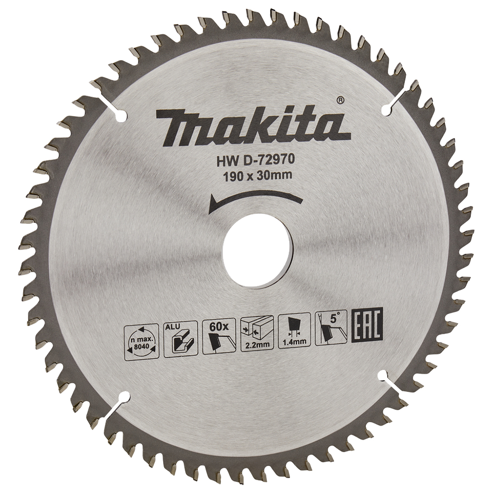 Пиляльний диск Makita TCT: алюміній 190 мм 60 зубів (D-72970) Пиляльний диск Makita TCT: алюміній 190 мм 60 зубів (D-72970)