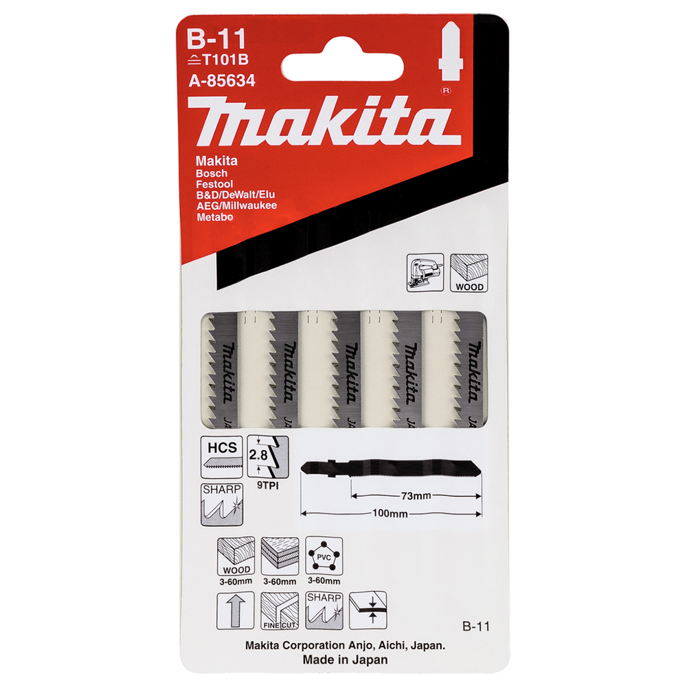 Пиляльні полотна для лобзика HCS: дерево, рівне пиляння Makita B-11 (T101B) A-85634 Пиляльні полотна для лобзика HCS: дерево, рівне пиляння Makita B-11 (T101B) A-85634