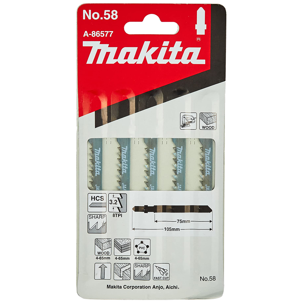 Пиляльні полотна для лобзика HCS: дерево, пластик, швидке розпилювання Makita A-86577 Пиляльні полотна для лобзика HCS: дерево, пластик, швидке розпилювання Makita A-86577