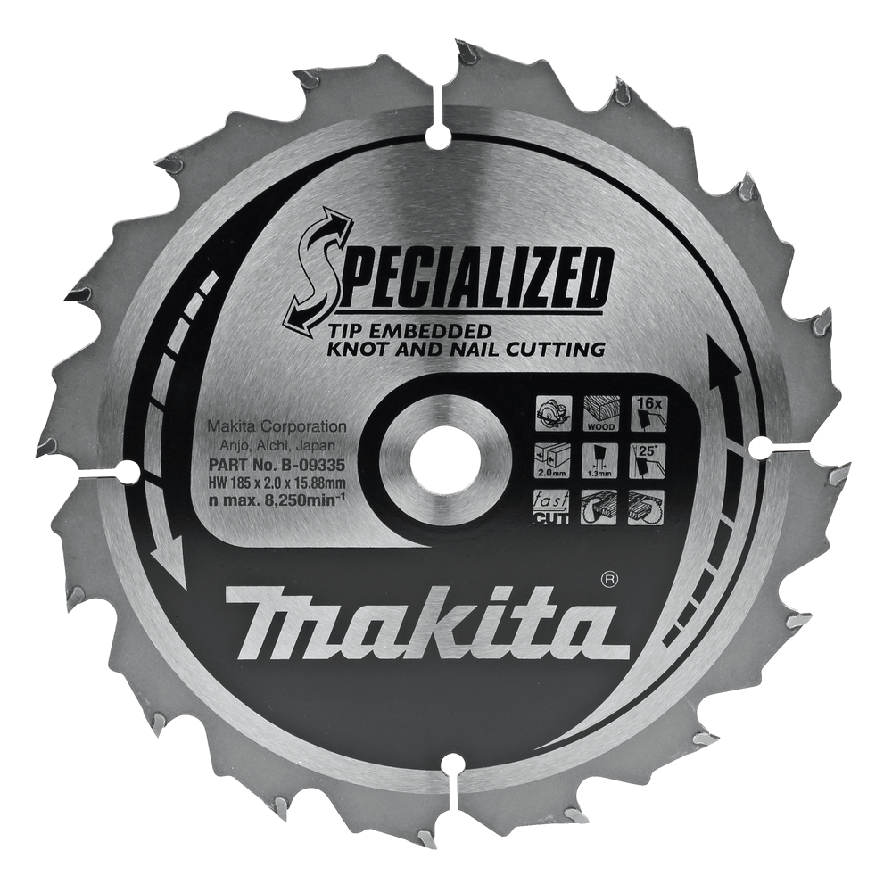 Пиляльний диск Makita SPECIALIZED: дерево з цвяхами 185х15,88 мм 16 зубів (B-09335) Пиляльний диск Makita SPECIALIZED: дерево з цвяхами 185х15,88 мм 16 зубів (B-09335)