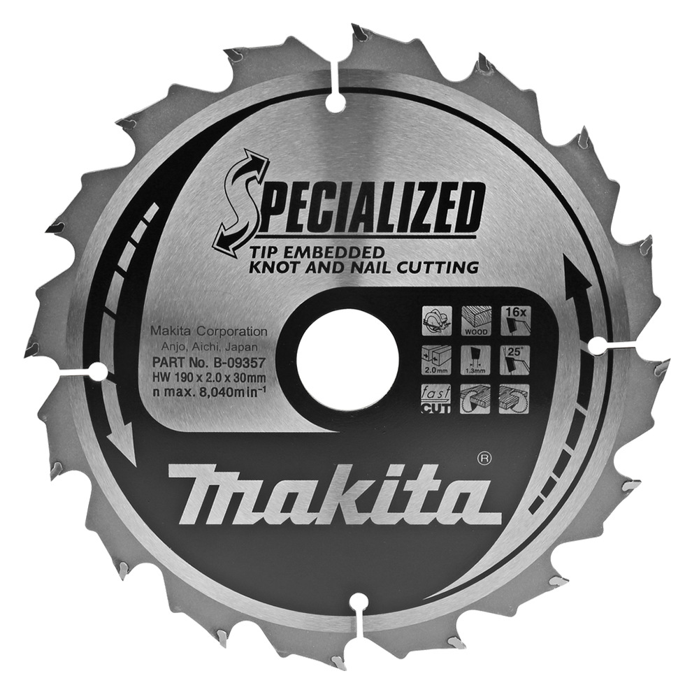 Пиляльний диск Makita SPECIALIZED: дерево з цвяхами 190 мм 16 зубів (B-09357) Пиляльний диск Makita SPECIALIZED: дерево з цвяхами 190 мм 16 зубів (B-09357)