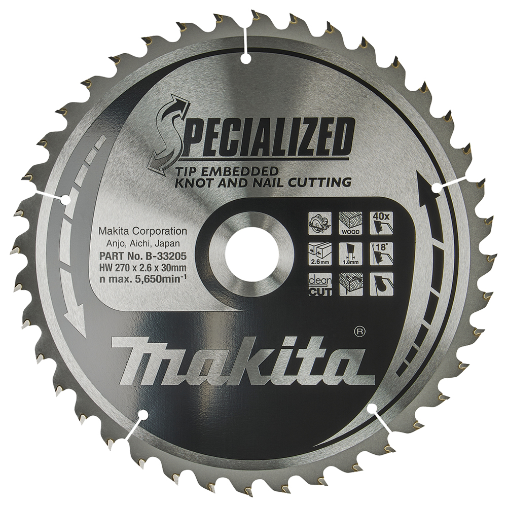 Пиляльний диск по деревині з цвяхами Specialized 270x30 мм 40T Makita (B-33205) Пиляльний диск по деревині з цвяхами Specialized 270x30 мм 40T Makita (B-33205)