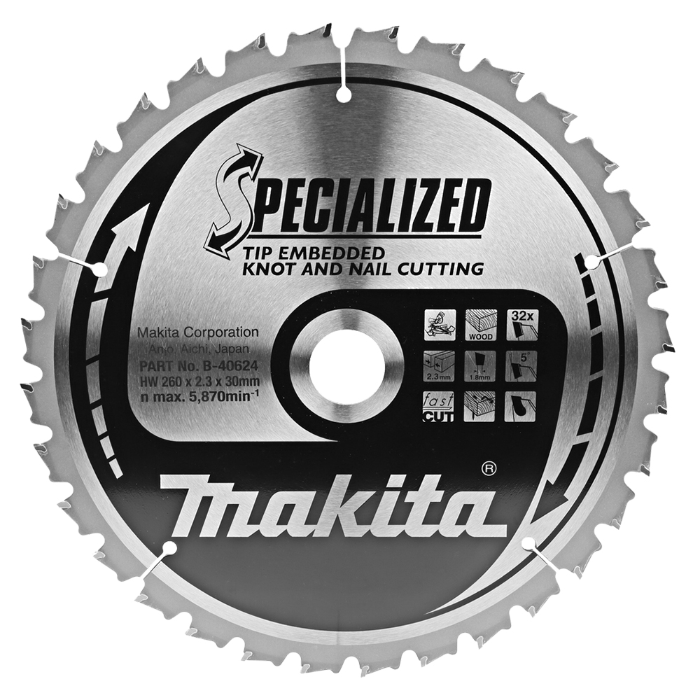 Пиляльний диск SPECIALIZED 260x30 мм 32T Makita, дерево з цвяхами (B-40624) Пиляльний диск SPECIALIZED 260x30 мм 32T Makita, дерево з цвяхами (B-40624)