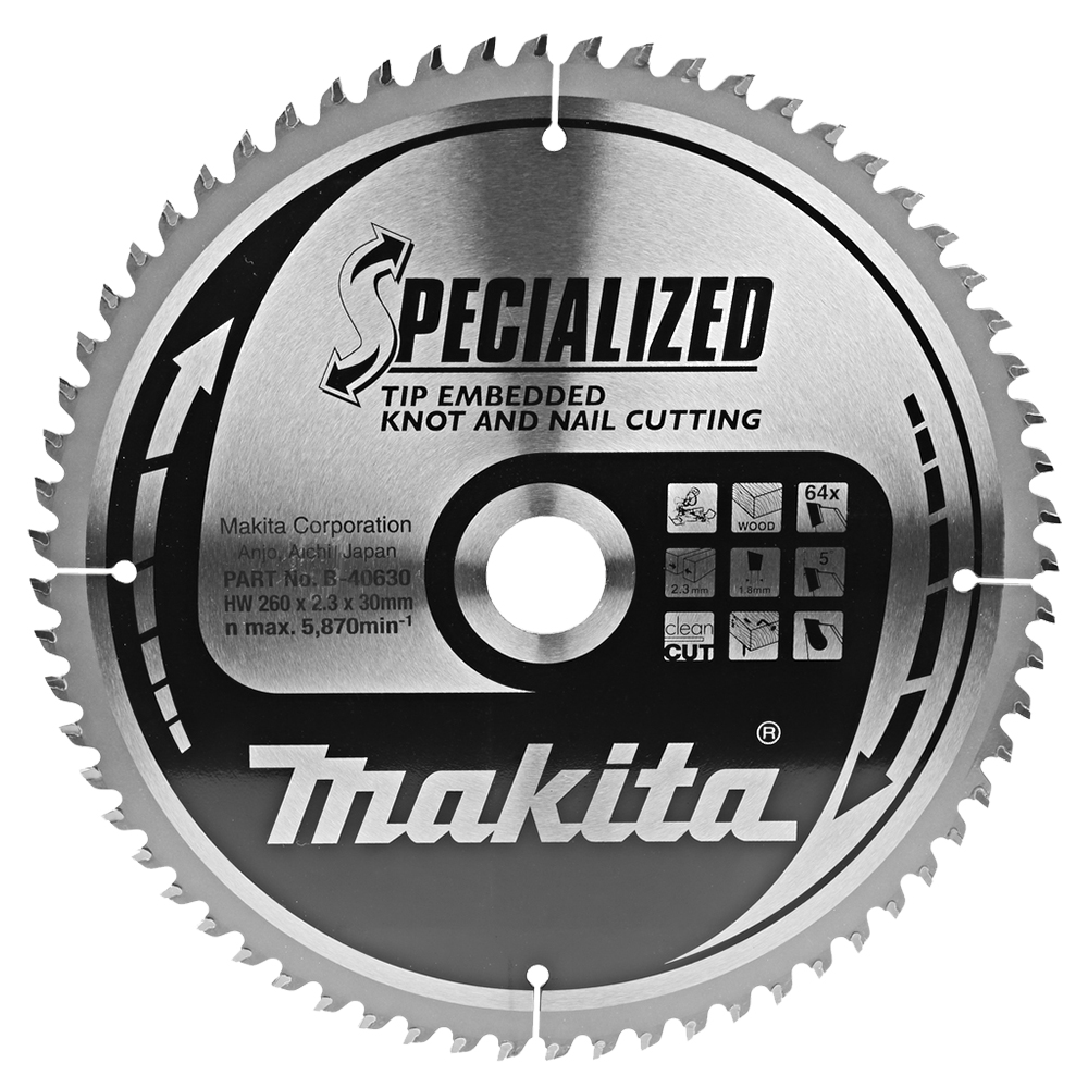 Пиляльний диск SPECIALIZED 260x30 мм 64T: дерево з цвяхами Makita (B-40630) Пиляльний диск SPECIALIZED 260x30 мм 64T: дерево з цвяхами Makita (B-40630)
