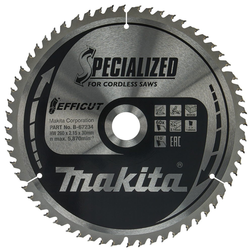 Пиляльний диск Makita Efficut SPECIALIZED: дерево 260х30 мм 60Т (B-67234) Пиляльний диск Makita Efficut SPECIALIZED: дерево 260х30 мм 60Т (B-67234)
