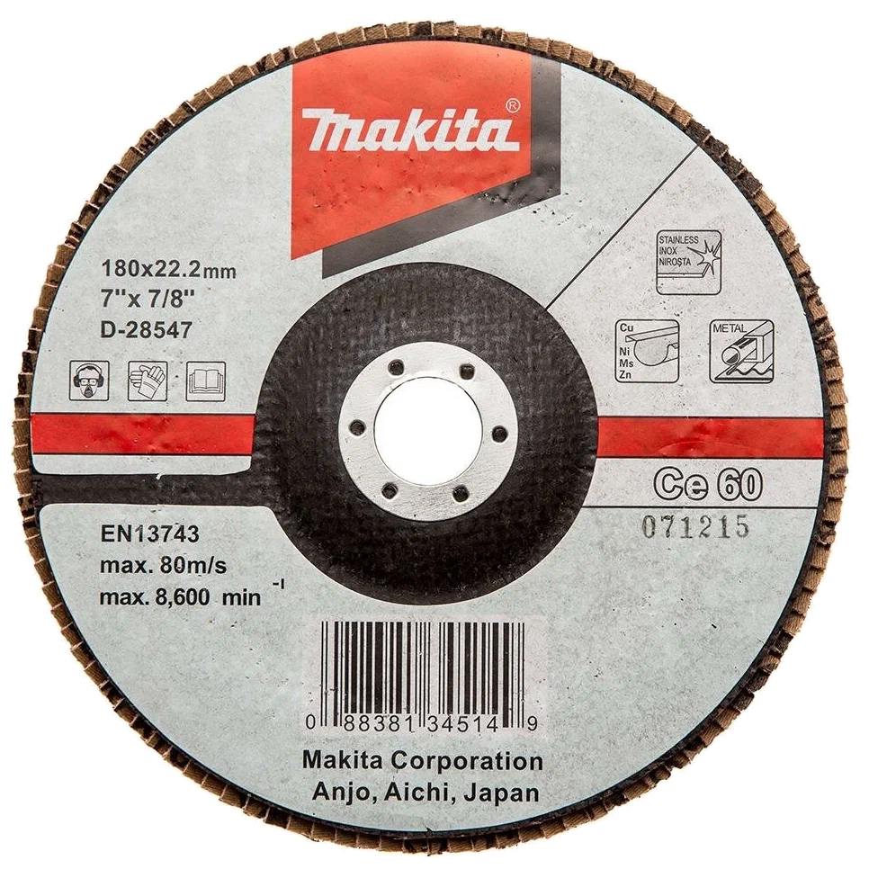 Пелюстковий диск для нержавіючої сталі з керамічним зерном 180 мм K60 плоский Makita (D-28547)