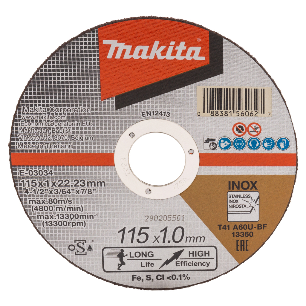 Тонкий відрізний диск для нержавіючої сталі 115х1х22,23мм 60U, плаский з підвищеним ресурсом Makita (E-03034)