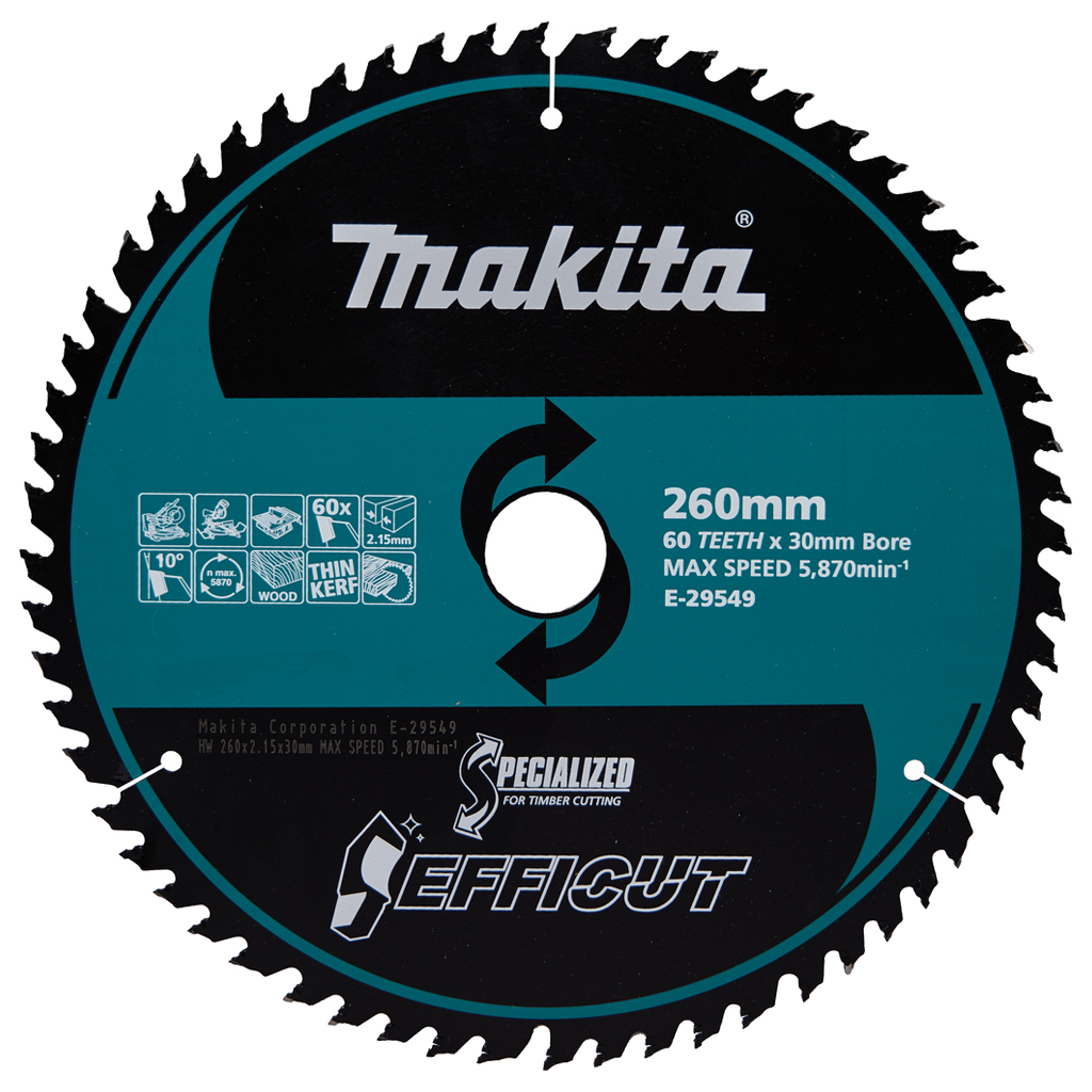 Пиляльний диск Efficut Makita: дерево 260x30 мм x 60 зубів (E-29549) Пиляльний диск Efficut Makita: дерево 260x30 мм x 60 зубів (E-29549)