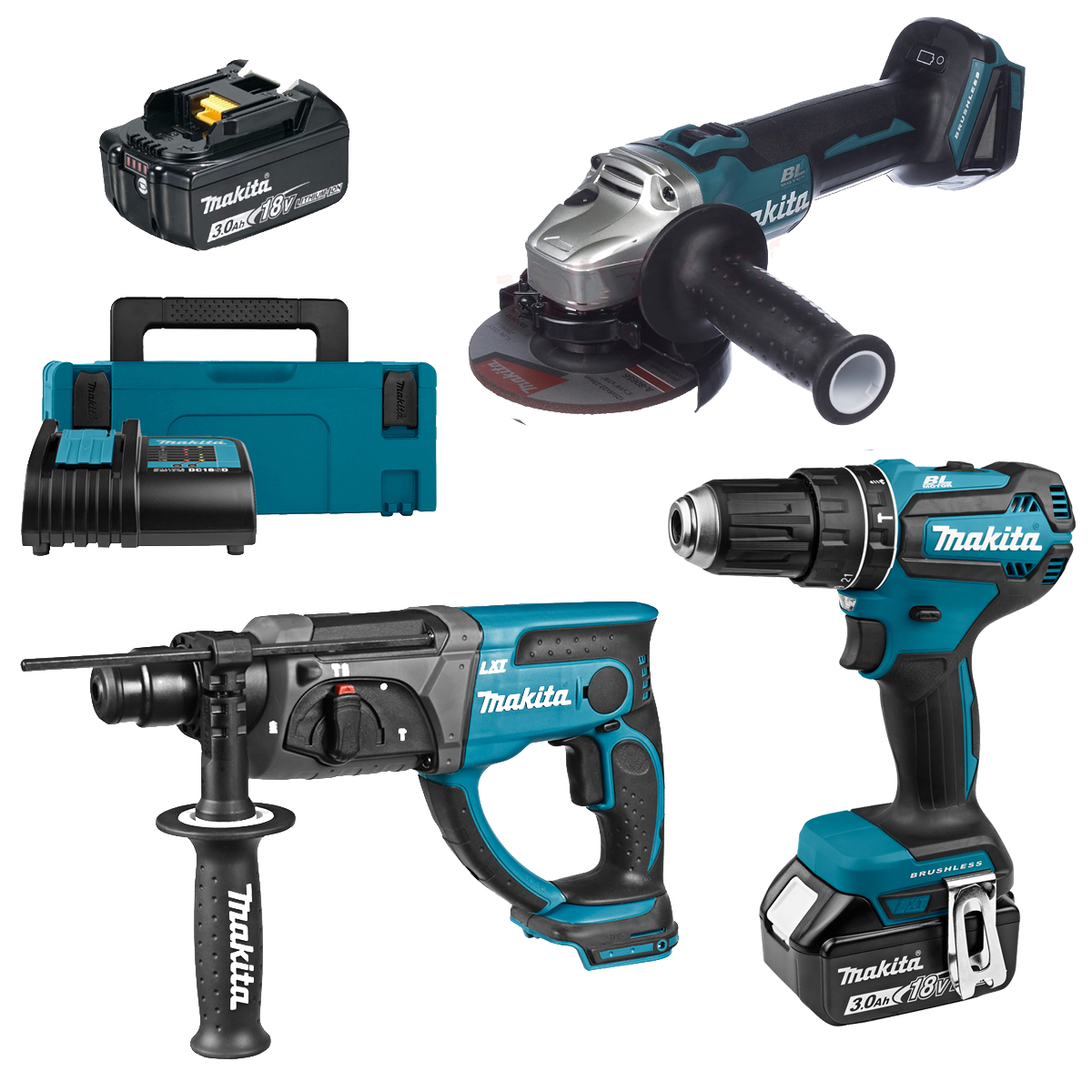 Набір акумуляторного інструменту LXT Makita 18 В (кутова шліфувальна машина DGA511Z + перфоратор DHR202Z + дриль-шурупокрут з ударом DHP485RFJ) Набір акумуляторного інструменту LXT Makita 18 В (кутова шліфувальна машина DGA511Z + перфоратор DHR202Z + дриль-шурупокрут з ударом DHP485RFJ)
