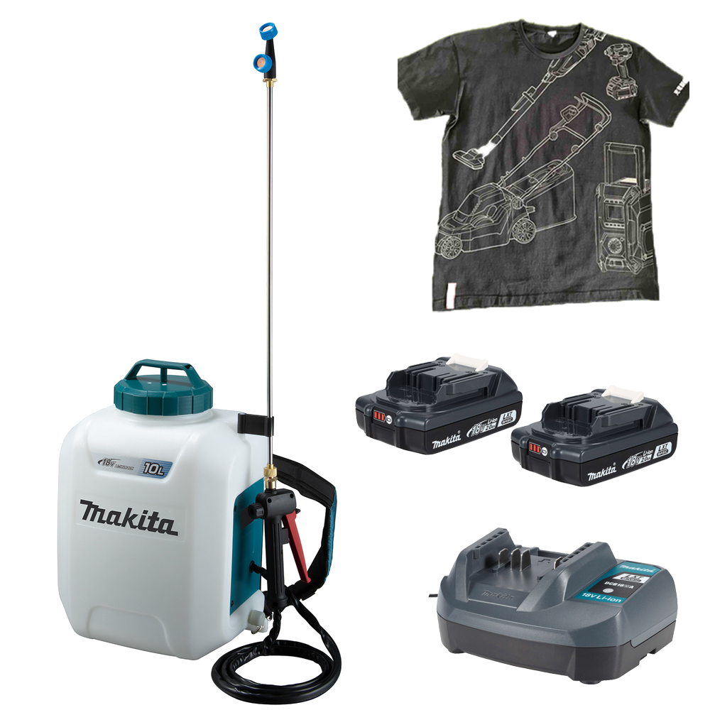 Акумуляторний садовий обприскувач Makita DUS108Z + BLB182x2 + DCB18WA + футболка XL Акумуляторний садовий обприскувач Makita DUS108Z + BLB182x2 + DCB18WA + футболка XL